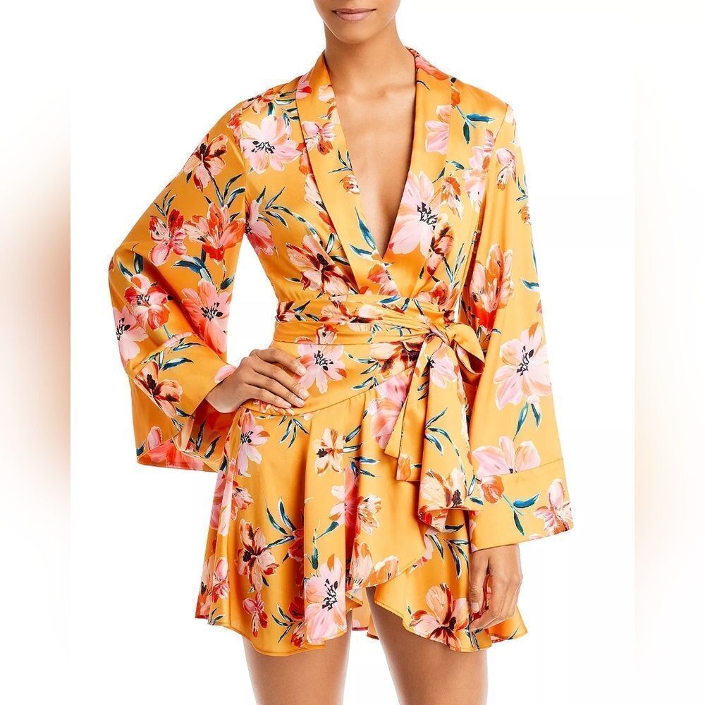 Significant‎ Other Zoe Hibiscus Floral Bouquet Bell Sleeve Wrap Mini Dress 10